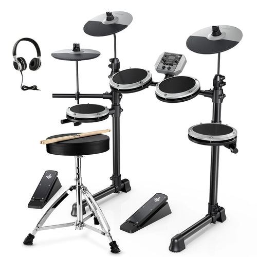 Electric Drum Set for Beginner with 180+ Sounds, Quiet Mesh Kid Child Students Electronic Drum Kit with Heavy Duty Pedals, On-Ear Headphones, DED-80 Gray