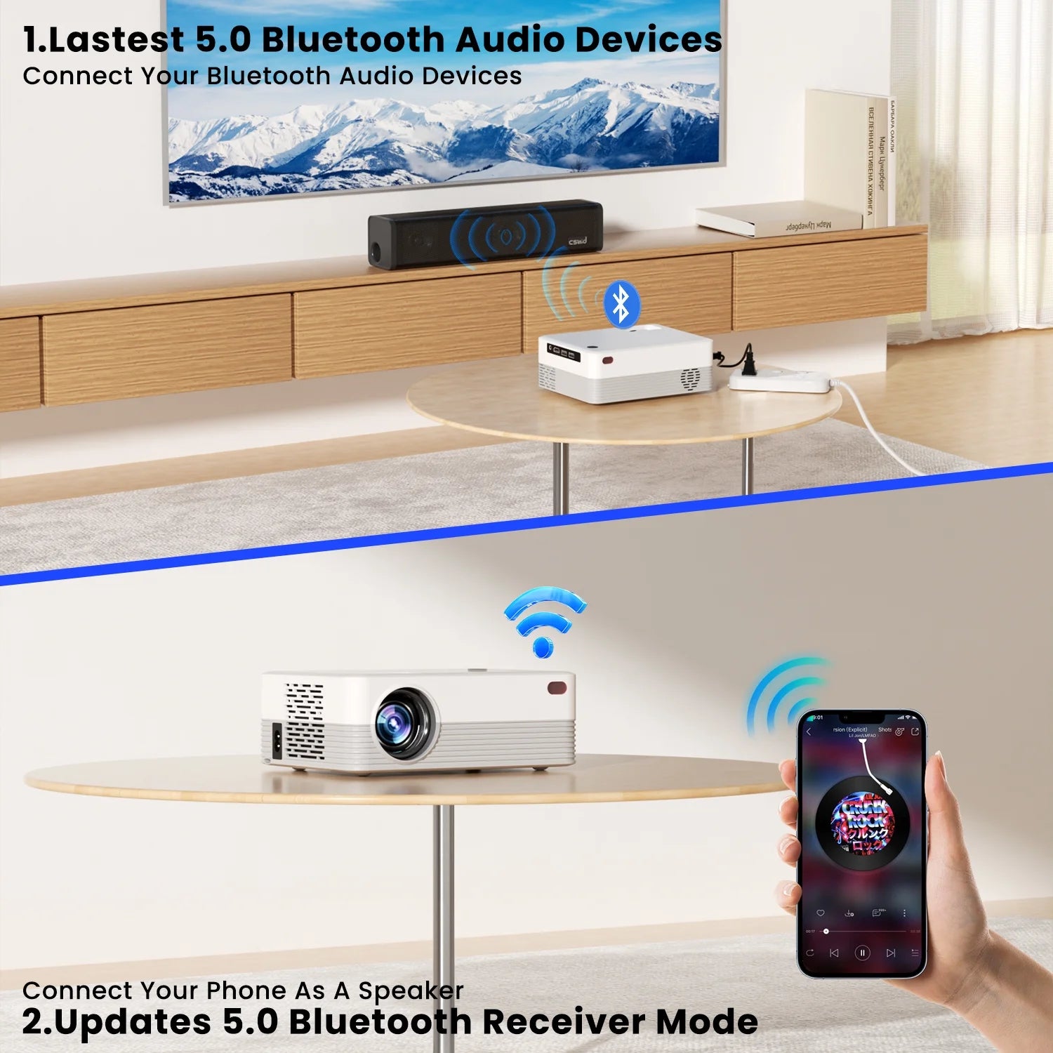 5G Wifi Projector with Bluetooth, 2024 Upgrade Native 1080P Projector for Outdoor & Camping, Wireless Mini Movie Projector Support 4K Resolution, for Home & Camping & Party