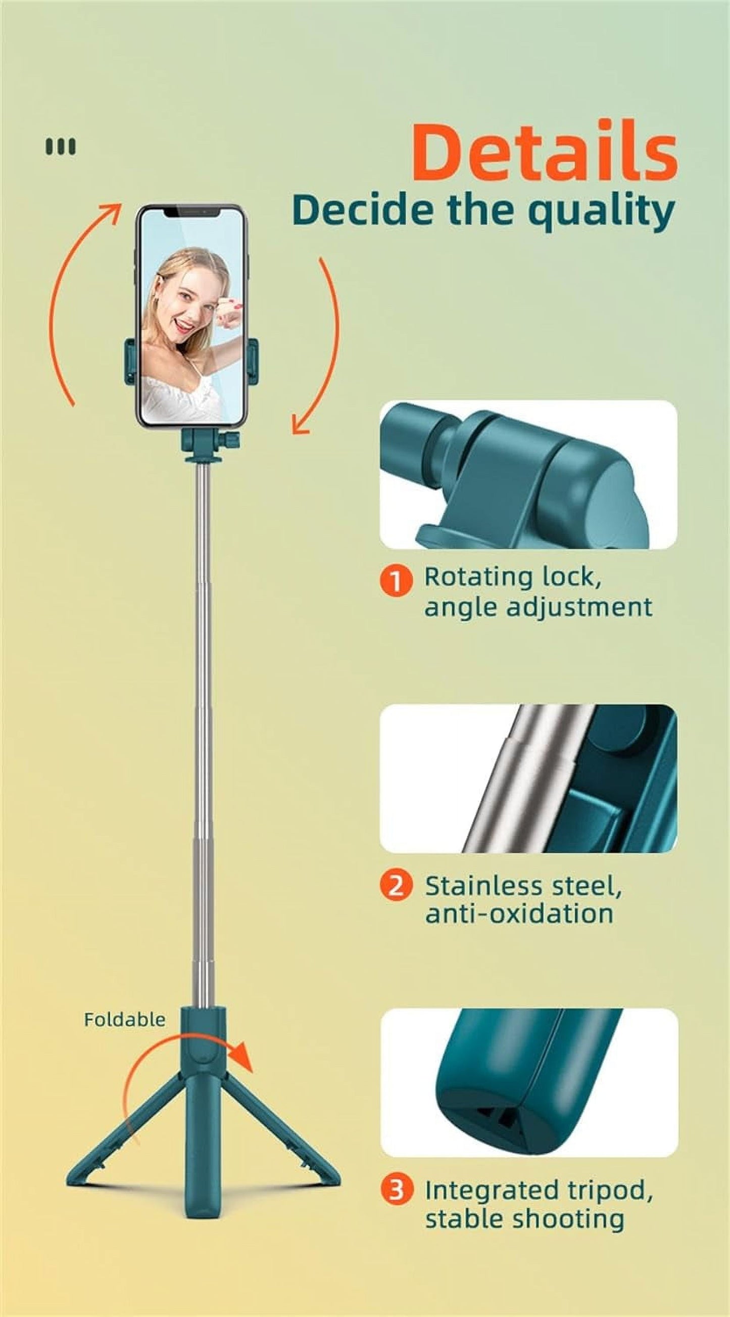 Selfie Stick Tripod,3 in 1 Extendable 360° Rotation Tripod Stand with Detachable Wireless Remote Portable Mobile Phone Holder Compatible with Iphone,Android,Samsung (White+Light)