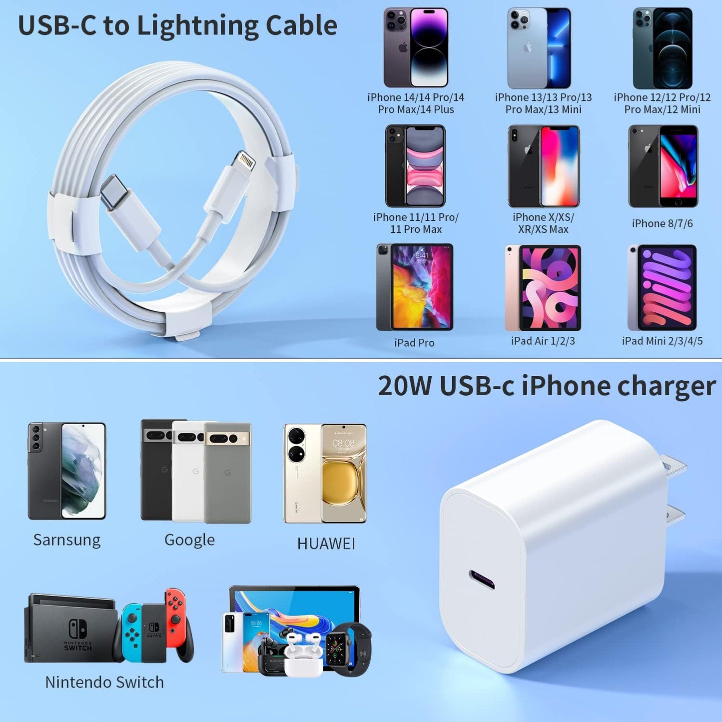 2Pack 20W Type C Charger Block with 6Ft USB C to L Cable, PD Fast Charger Compatible with Iphone, Ipad, Ipod