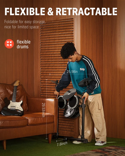 Electric Drum Set for Beginner with 180+ Sounds, Quiet Mesh Kid Child Students Electronic Drum Kit with Heavy Duty Pedals, On-Ear Headphones, DED-80 Gray