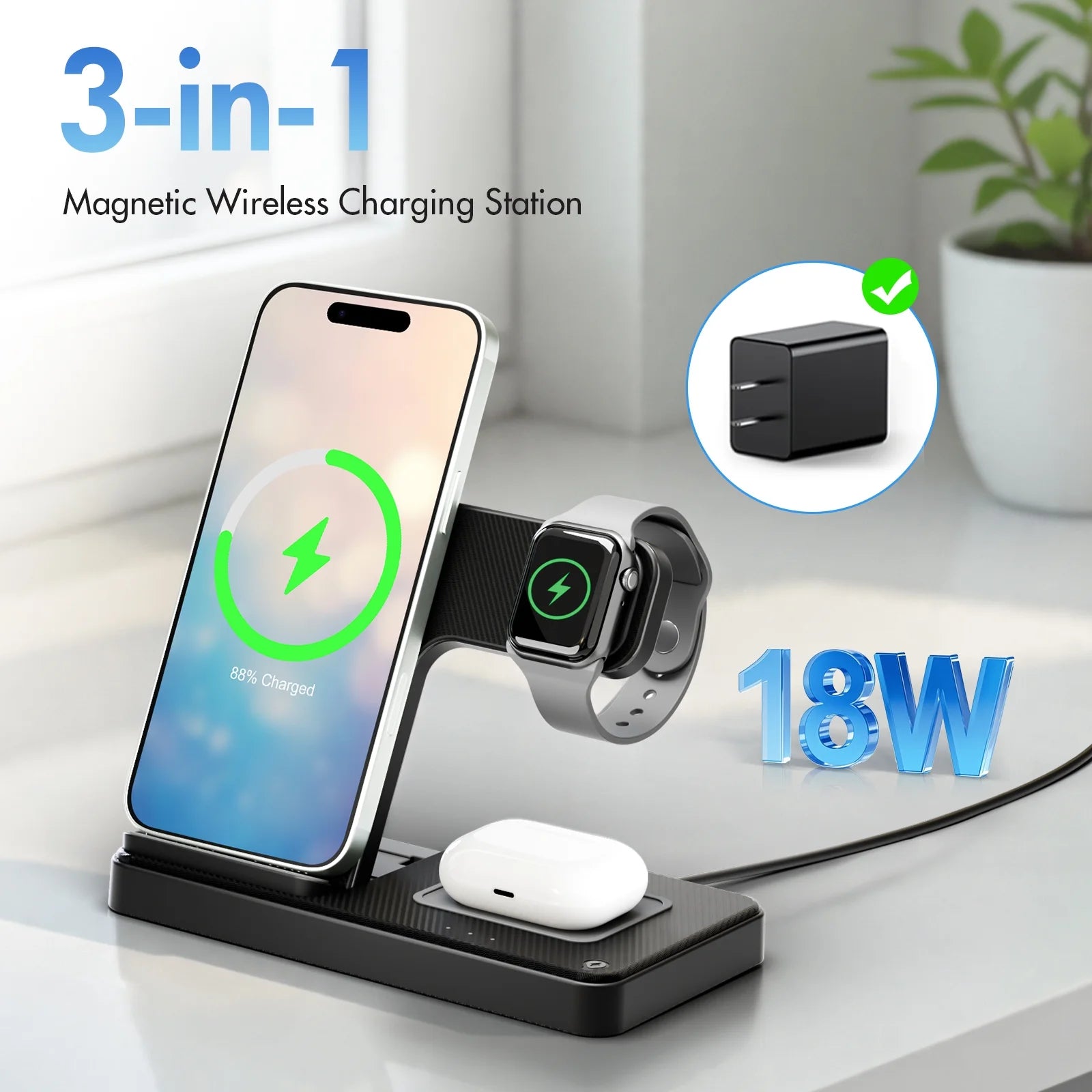 Wireless Charger,Magnetic Charging Stand Compatible with Iphone 17 16 15 14 13 12 11 Pro Max plus XS XR X 8,Charger for Apple Watch 9 8 7 6 5 4 3 2 SE, for Airpods 3 2 Pro,3 in 1 Charging Station