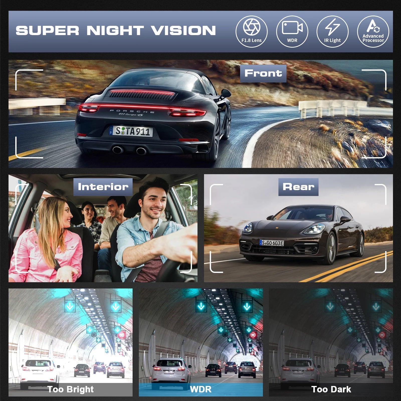 3 Channel Dash Cam Front and Rear, 4K/2.5K + 1080P Premium Car Camera for Cars with Wi-Fi GPS, Night Vision, 3.16" IPS Touchscreen, 24H Parking Mode, WDR, Type-C, 64GB SD Card Included