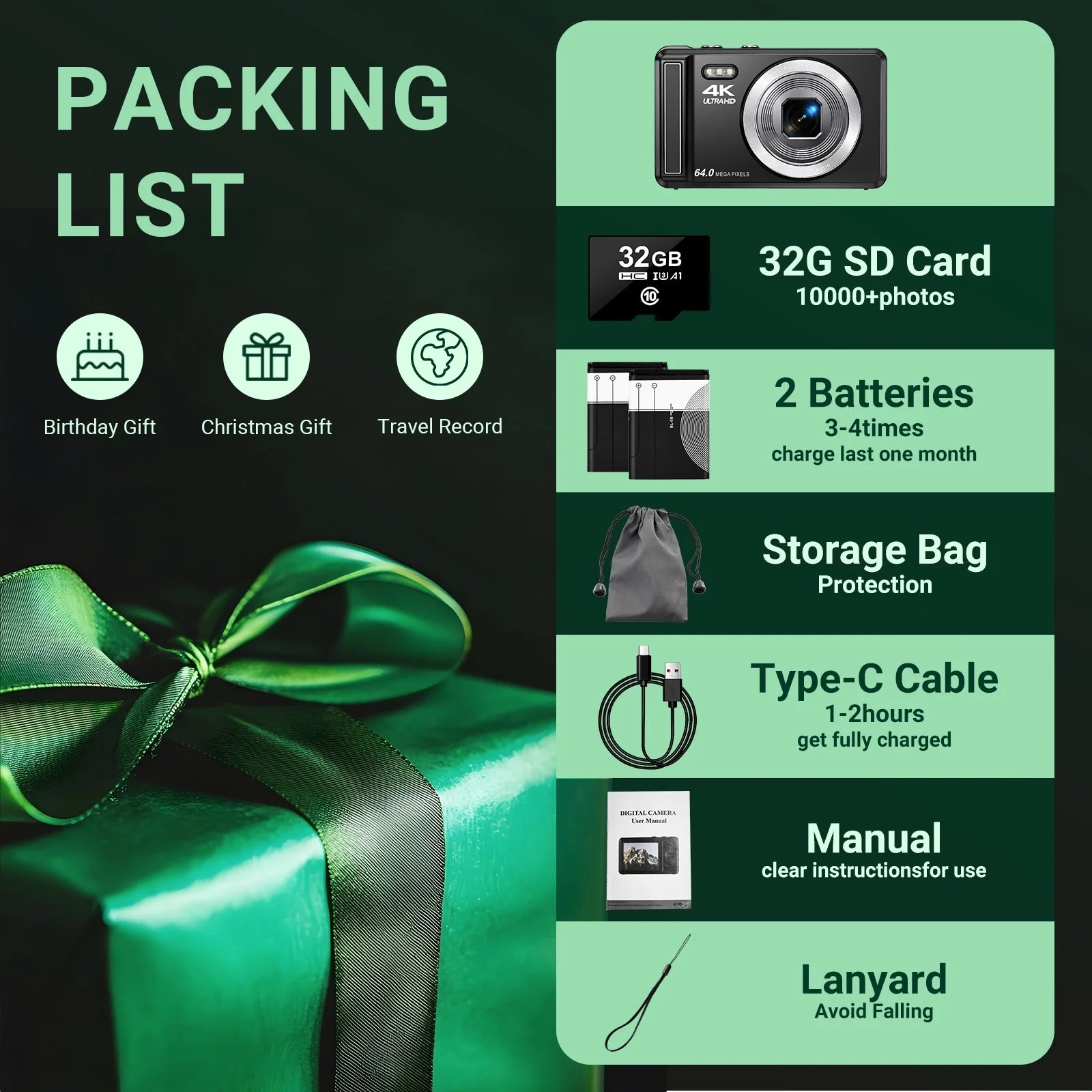 Digital Camera 4K UHD 64MP 16X Digital Zoom Autofocus Compact Camera with 32GB SD Card