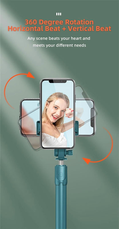 Selfie Stick Tripod,3 in 1 Extendable 360° Rotation Tripod Stand with Detachable Wireless Remote Portable Mobile Phone Holder Compatible with Iphone,Android,Samsung (White+Light)