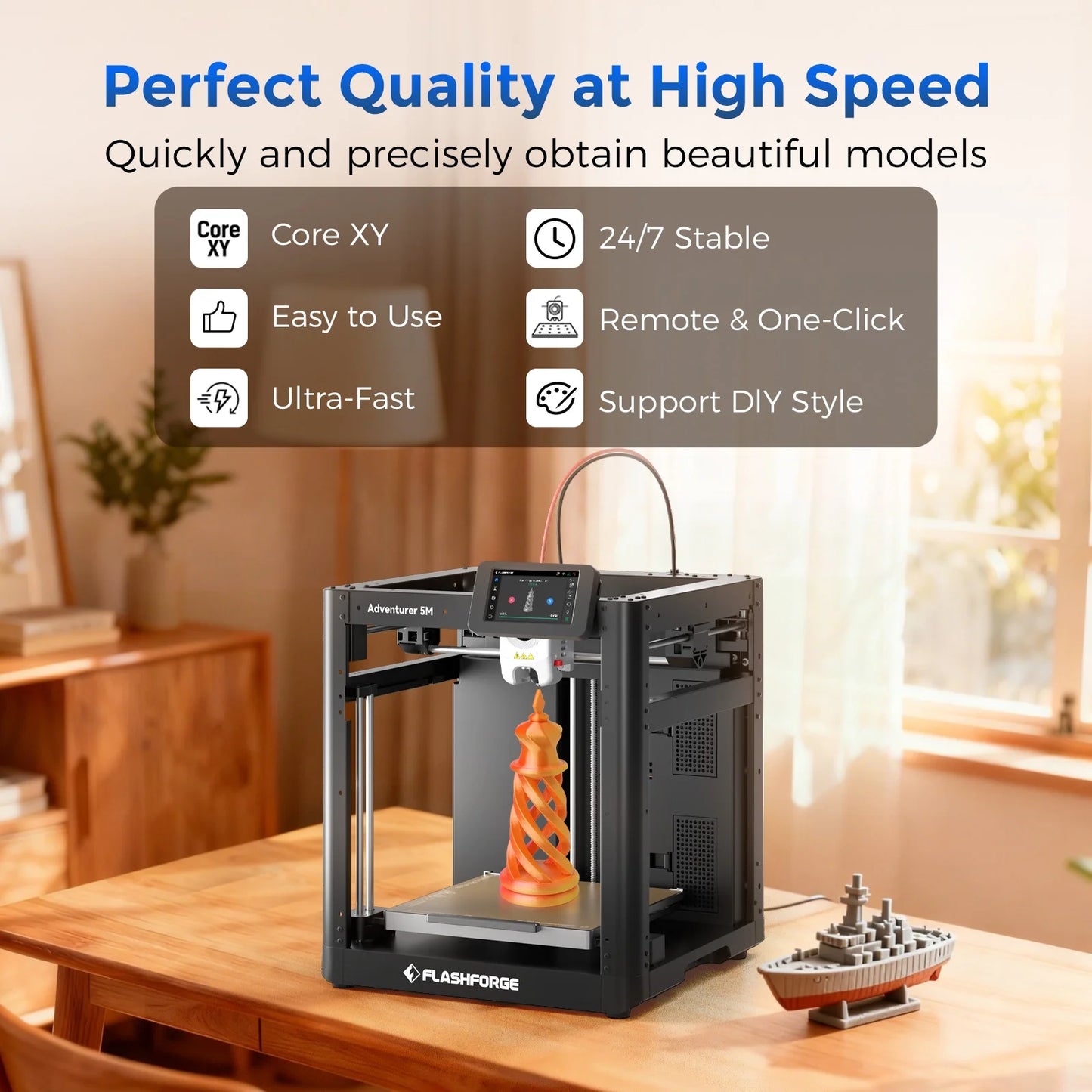 Adventurer 5M 3D Printer, Fully Auto Leveling & 600Mm/S High Speed Printing, Black