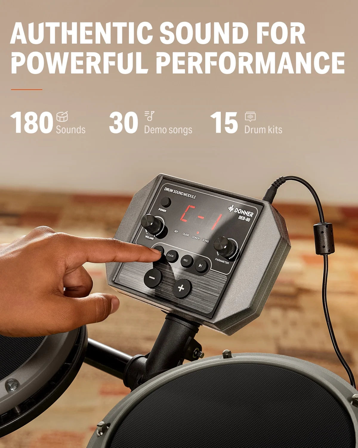 Electric Drum Set for Beginner with 180+ Sounds, Quiet Mesh Kid Child Students Electronic Drum Kit with Heavy Duty Pedals, On-Ear Headphones, DED-80 Gray