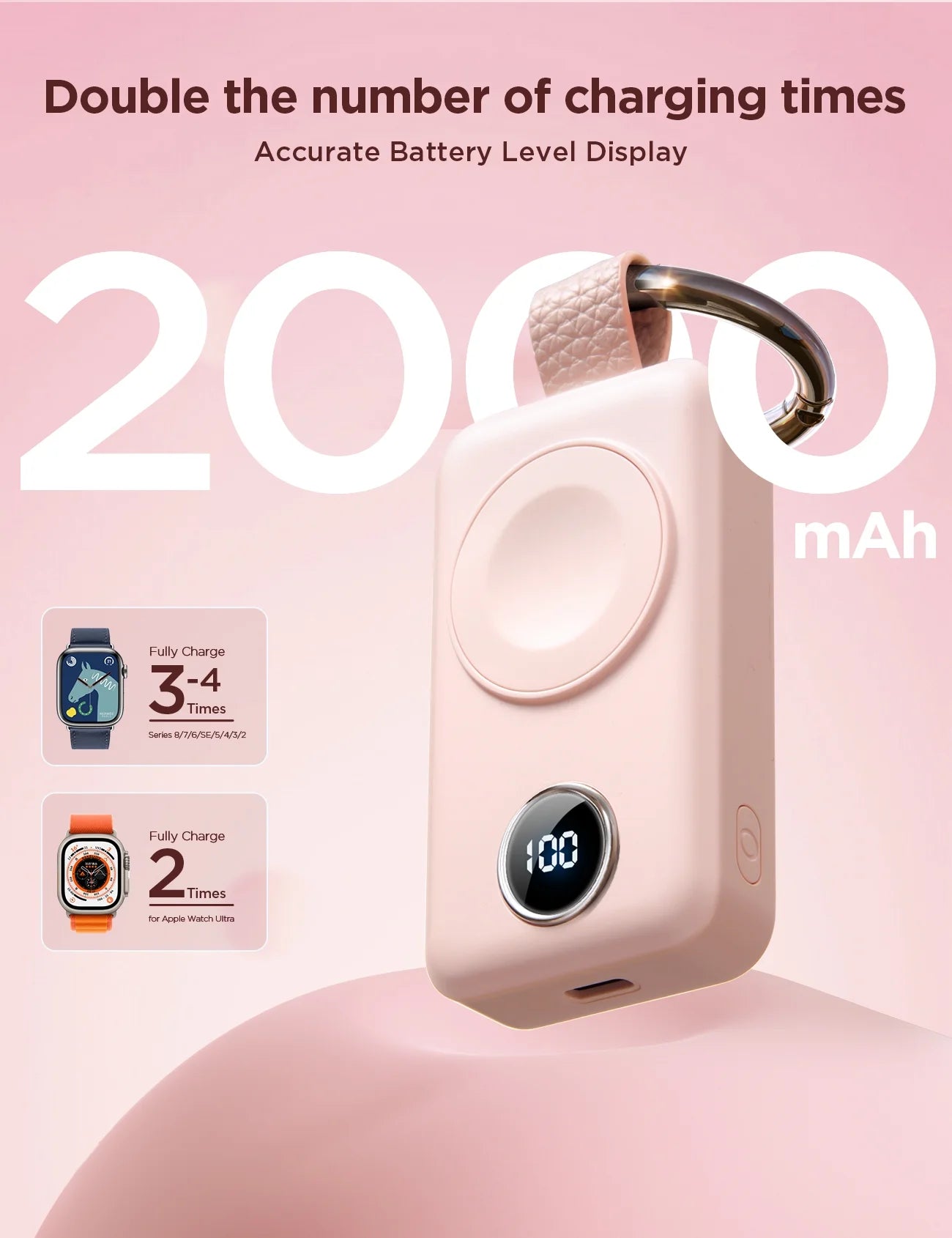 Portable Charger for Apple Watch, 2000Mah Magnetic Wireless Power Bank Fast Charger Keychain, Compatible for Iwatch Series 11/10/9/8/7/6/5/Se/4/3/2/Ultra, Pink